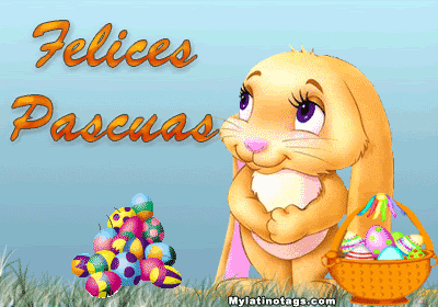 Imagenes de Felices Pascuas Conejo bonito con canasta con huevos decorados